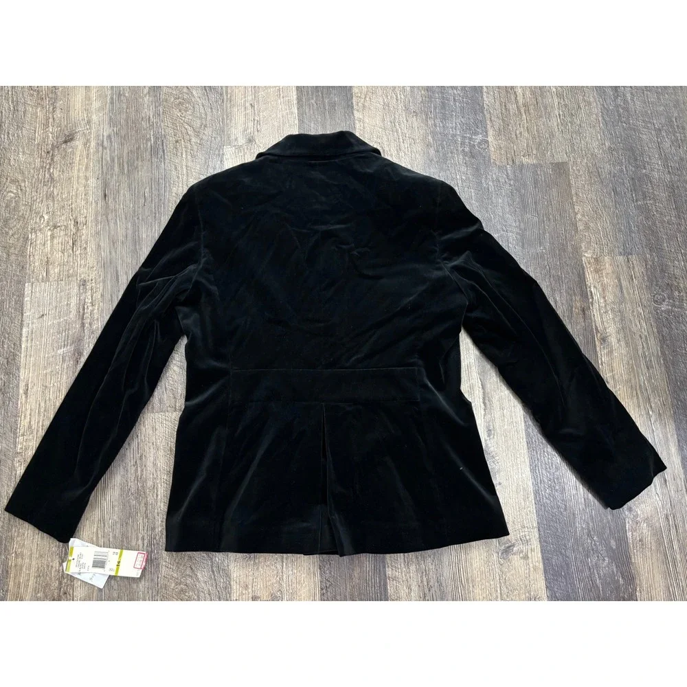 Anne Klein New York Black Velvet Blazer Jacket Women 14 Stretch Button Front New